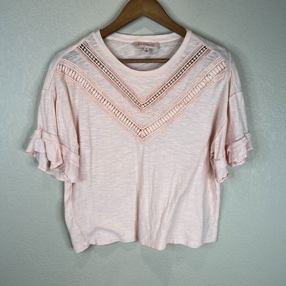 Philosophy Womens Tee Shirt Size Small Pink Ruffled Sleeve Crochet Trim Slub Top